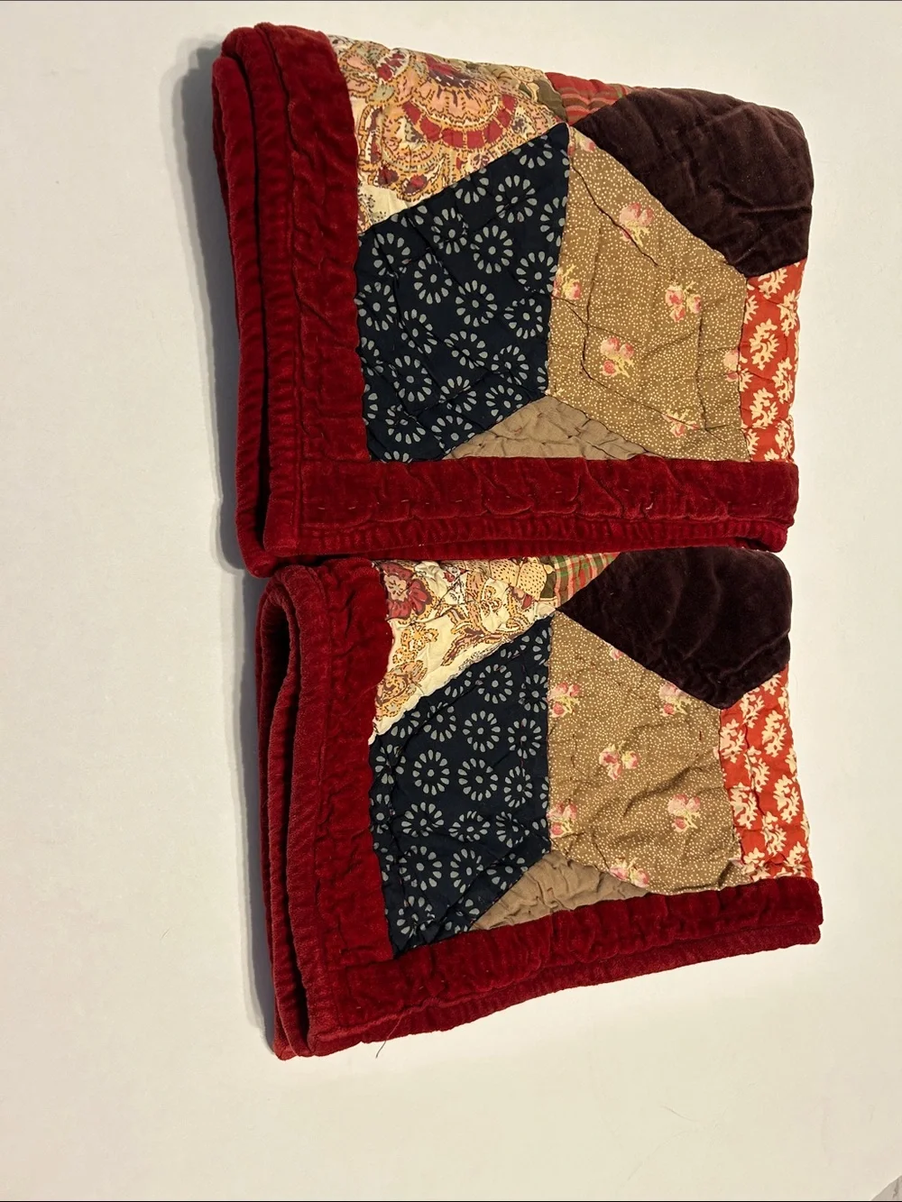 Pottery Barn Multicolor Patchwork Set of 2 Pillowcase Shams Maroon Velour Cotton